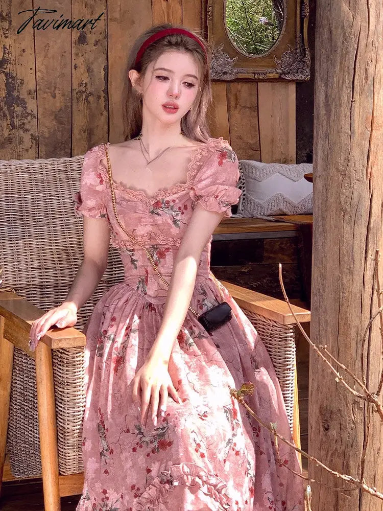 French Style Holiday Floral Long Dress Vintage Slash Neck Puff Sleeve Maxi Dresses For Women Summer Beach Style