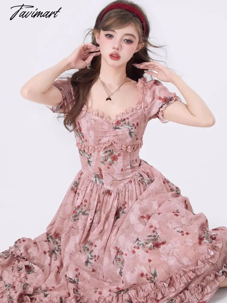 French Style Holiday Floral Long Dress Vintage Slash Neck Puff Sleeve Maxi Dresses For Women Summer Beach Style