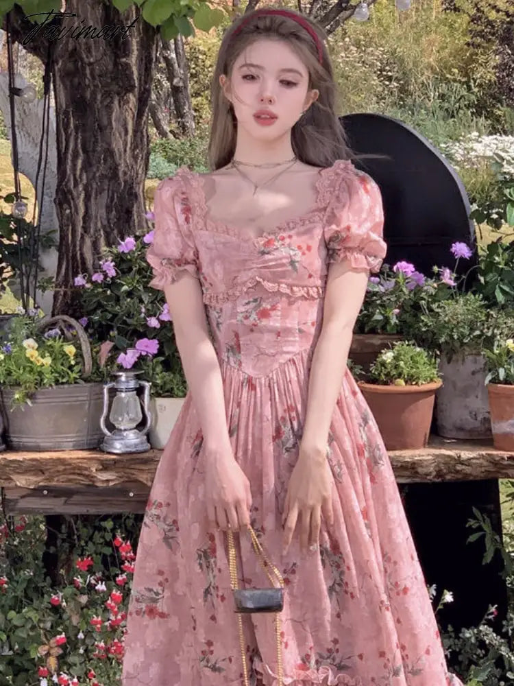 French Style Holiday Floral Long Dress Vintage Slash Neck Puff Sleeve Maxi Dresses For Women Summer Beach Style