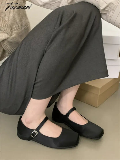 French Style Women Vintage Flats Silk Button Square Toe Mary Janes Casual Shoes Comfort Loafers Shoes 2024 Ballerina Flats