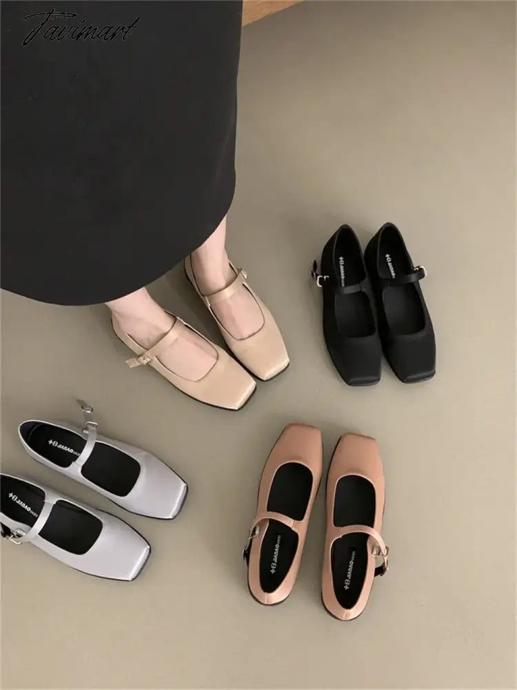 French Style Women Vintage Flats Silk Button Square Toe Mary Janes Casual Shoes Comfort Loafers Shoes 2024 Ballerina Flats