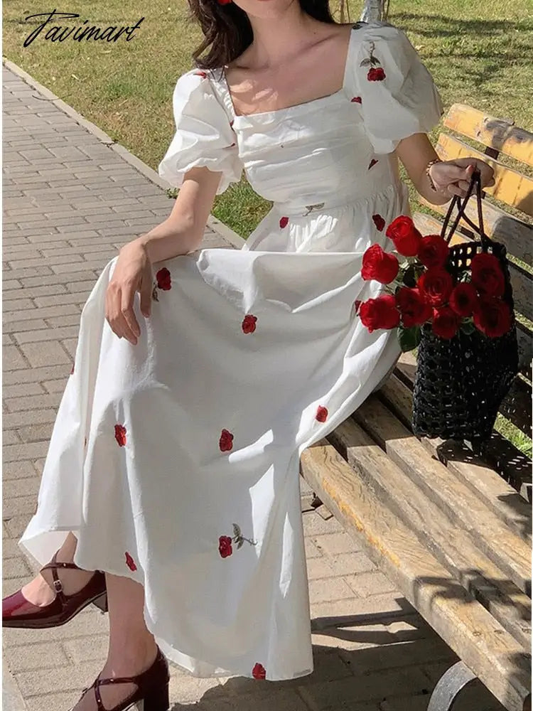 French Vintage Embroidered Flower Summer Dress Women's Elegant Puff Short Sleeve Square Neck A-Line Long Dress Robe