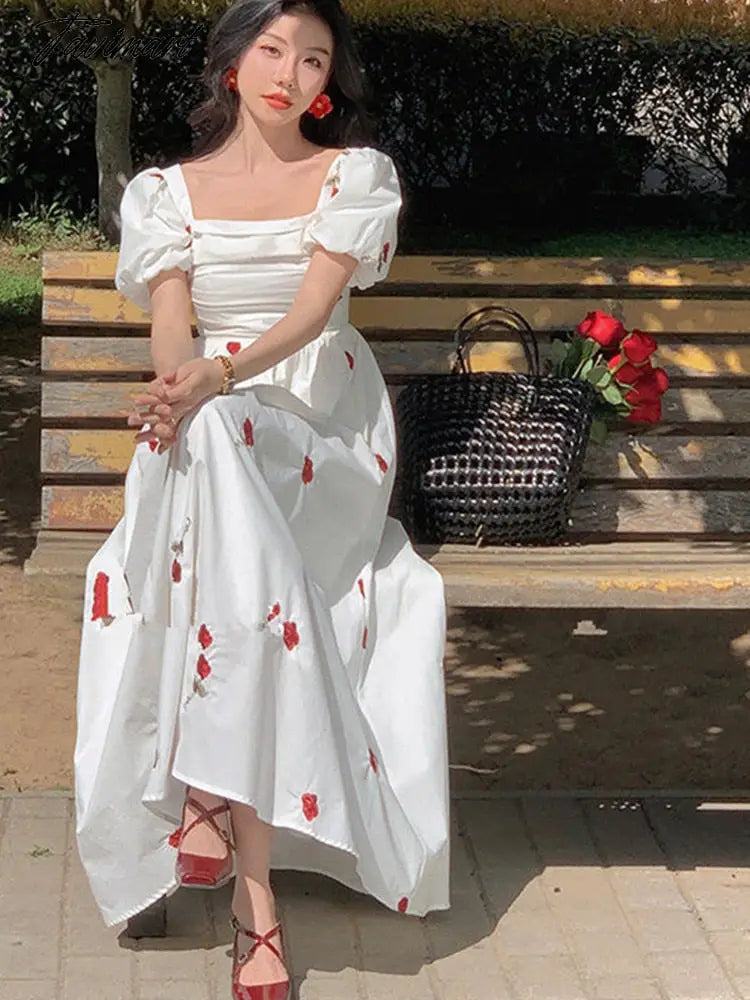 French Vintage Embroidered Flower Summer Dress Women's Elegant Puff Short Sleeve Square Neck A-Line Long Dress Robe