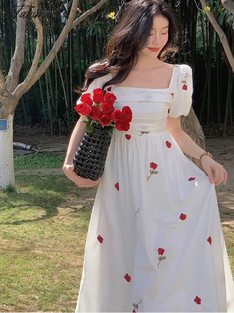 French Vintage Embroidered Flower Summer Dress Women's Elegant Puff Short Sleeve Square Neck A-Line Long Dress Robe