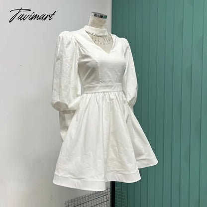 fringe hollowed bubble Princess long sleeve waist slimming mini dress stylish women's dress