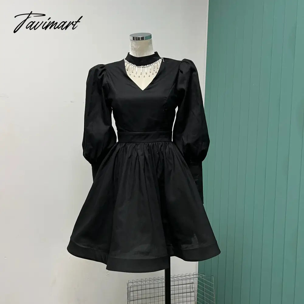 fringe hollowed bubble Princess long sleeve waist slimming mini dress stylish women's dress