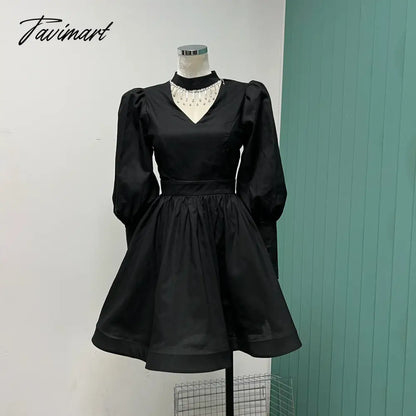 fringe hollowed bubble Princess long sleeve waist slimming mini dress stylish women's dress