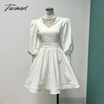 fringe hollowed bubble Princess long sleeve waist slimming mini dress stylish women's dress