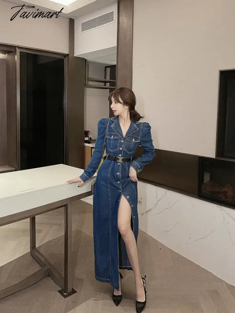 Gaun Panjang Denim Musim Gugur Wanita Kasual Kerah Lengan Panjang Koboi Panjang Vestidos Korea Elegan Kerja Ol Jeans Gaun
