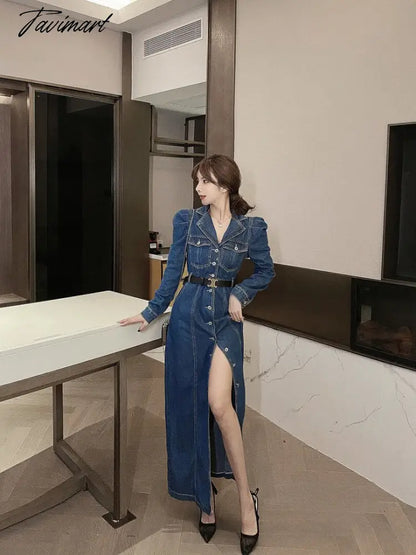 Gaun Panjang Denim Musim Gugur Wanita Kasual Kerah Lengan Panjang Koboi Panjang Vestidos Korea Elegan Kerja Ol Jeans Gaun