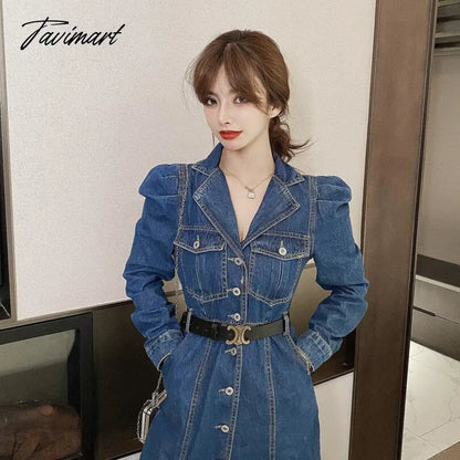 Gaun Panjang Denim Musim Gugur Wanita Kasual Kerah Lengan Panjang Koboi Panjang Vestidos Korea Elegan Kerja Ol Jeans Gaun