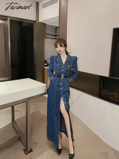 Gaun Panjang Denim Musim Gugur Wanita Kasual Kerah Lengan Panjang Koboi Panjang Vestidos Korea Elegan Kerja Ol Jeans Gaun