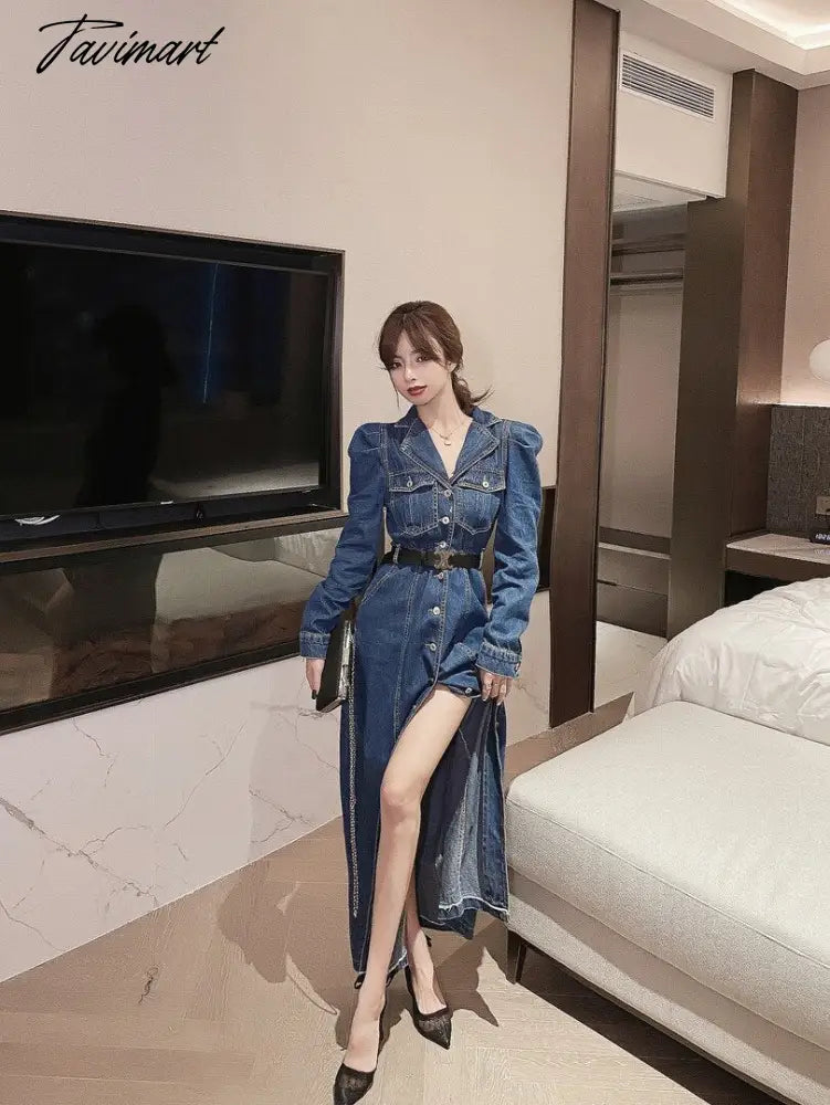 Gaun Panjang Denim Musim Gugur Wanita Kasual Kerah Lengan Panjang Koboi Panjang Vestidos Korea Elegan Kerja Ol Jeans Gaun