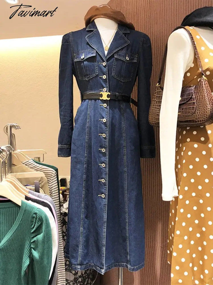 Gaun Panjang Denim Musim Gugur Wanita Kasual Kerah Lengan Panjang Koboi Panjang Vestidos Korea Elegan Kerja Ol Jeans Gaun