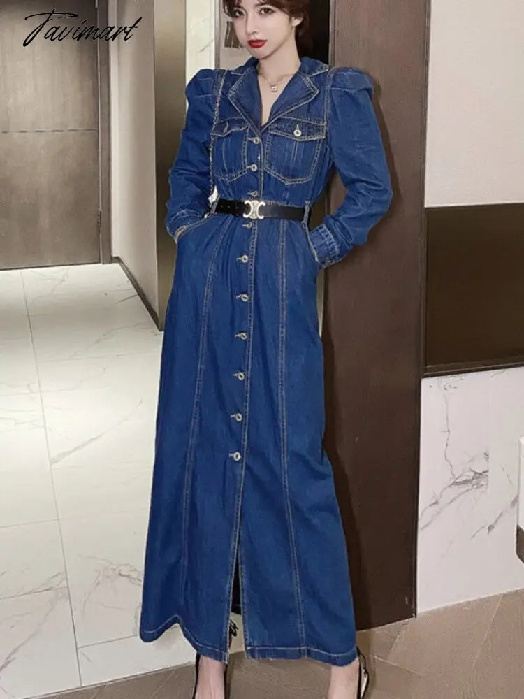 Gaun Panjang Denim Musim Gugur Wanita Kasual Kerah Lengan Panjang Koboi Panjang Vestidos Korea Elegan Kerja Ol Jeans Gaun