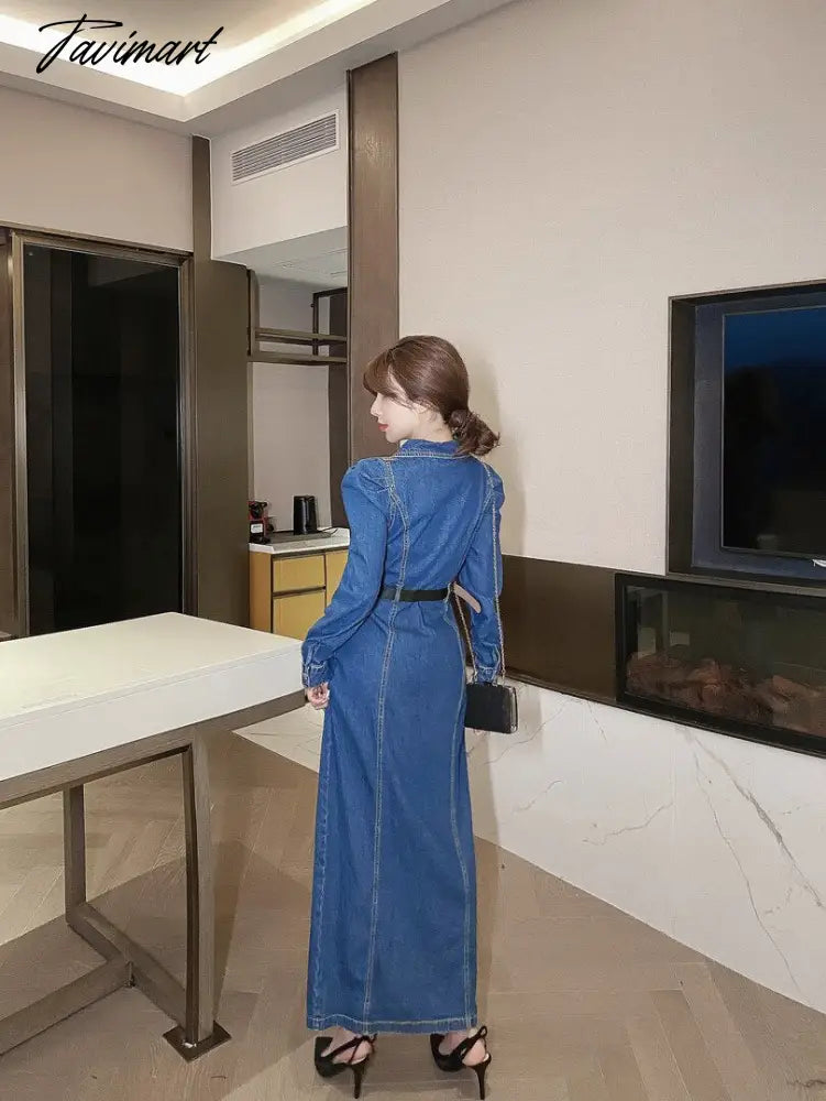 Gaun Panjang Denim Musim Gugur Wanita Kasual Kerah Lengan Panjang Koboi Panjang Vestidos Korea Elegan Kerja Ol Jeans Gaun