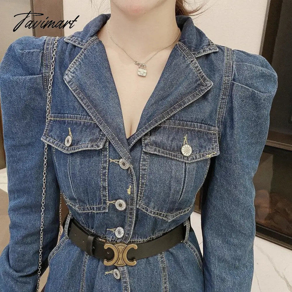 Gaun Panjang Denim Musim Gugur Wanita Kasual Kerah Lengan Panjang Koboi Panjang Vestidos Korea Elegan Kerja Ol Jeans Gaun