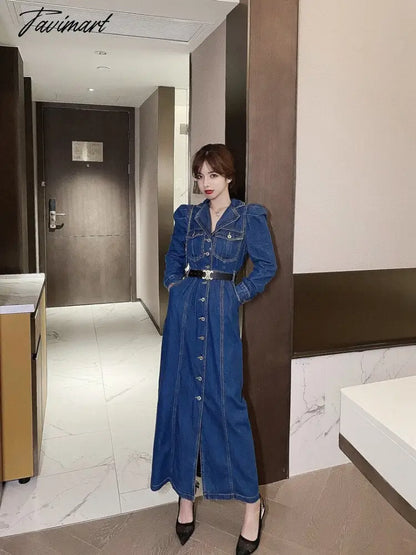 Gaun Panjang Denim Musim Gugur Wanita Kasual Kerah Lengan Panjang Koboi Panjang Vestidos Korea Elegan Kerja Ol Jeans Gaun