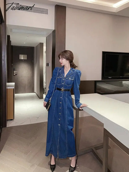 Gaun Panjang Denim Musim Gugur Wanita Kasual Kerah Lengan Panjang Koboi Panjang Vestidos Korea Elegan Kerja Ol Jeans Gaun