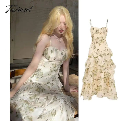 Gentle high-quality long skirt ankle French Floral Print Chiffon Dress Sexy Layered Ruffle Ladies waist suspender skirt female
