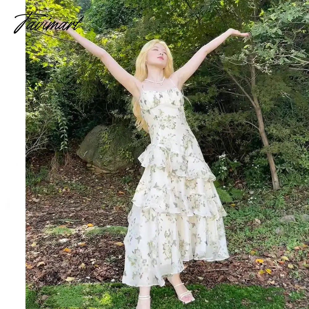 Gentle high-quality long skirt ankle French Floral Print Chiffon Dress Sexy Layered Ruffle Ladies waist suspender skirt female