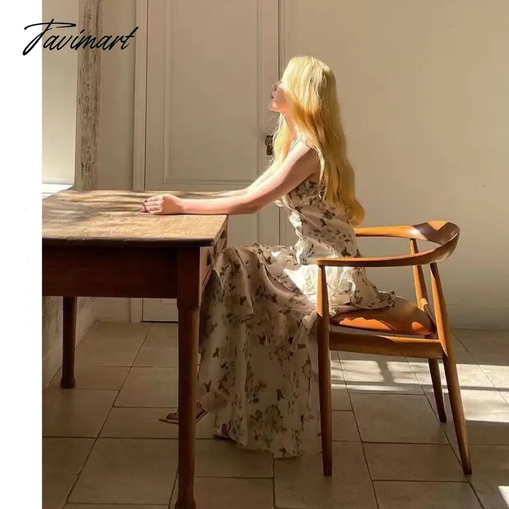 Gentle high-quality long skirt ankle French Floral Print Chiffon Dress Sexy Layered Ruffle Ladies waist suspender skirt female
