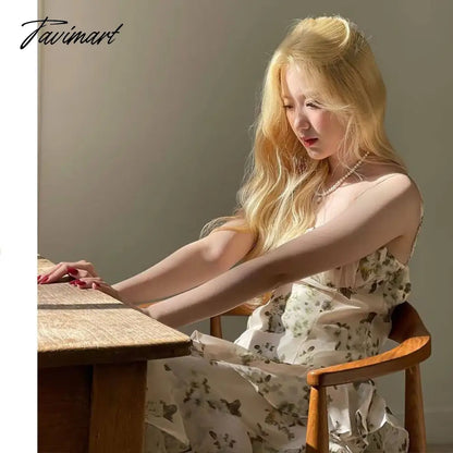 Gentle high-quality long skirt ankle French Floral Print Chiffon Dress Sexy Layered Ruffle Ladies waist suspender skirt female