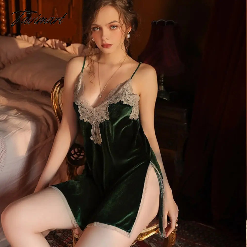 Gorgeous Women Sleepwear Lingerie Sexy Lace Cut Out Nightgowns Deep V Open Back Velvet Stra Nightdress Home Wear Autumn Winter