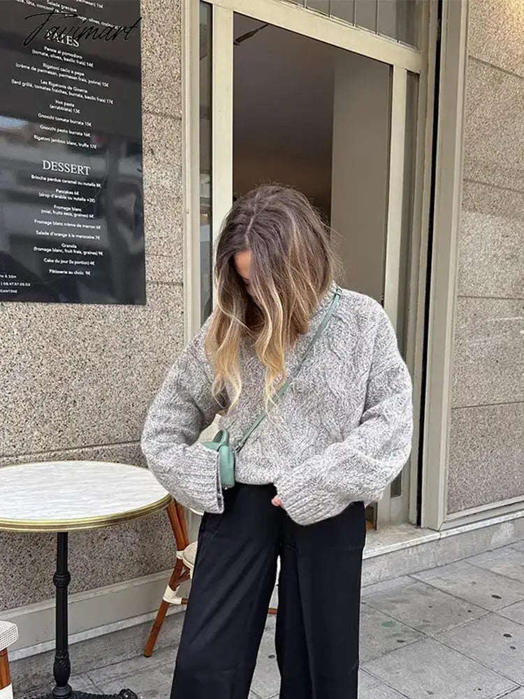 Grey Ribbed Knit Turtleneck Casual Basic Jumper Long Sleeve Loose Oversize Female Pullover Autumn Winter Chic Retro Knitwear Top