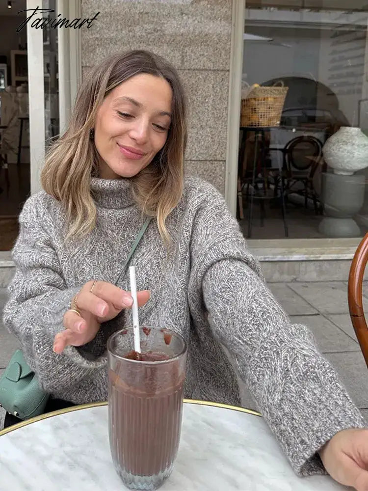 Grey Ribbed Knit Turtleneck Casual Basic Jumper Long Sleeve Loose Oversize Female Pullover Autumn Winter Chic Retro Knitwear Top