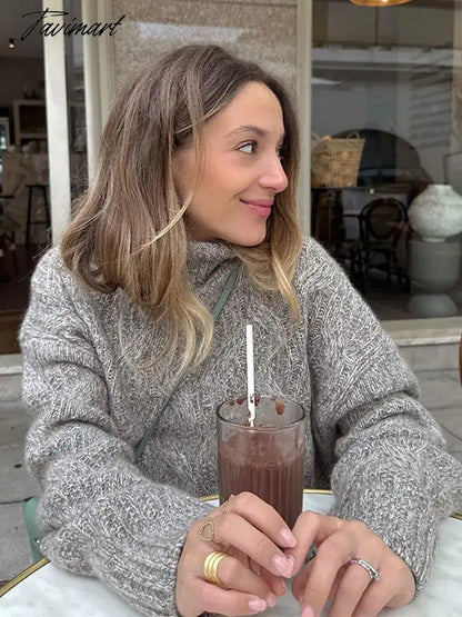 Grey Ribbed Knit Turtleneck Casual Basic Jumper Long Sleeve Loose Oversize Female Pullover Autumn Winter Chic Retro Knitwear Top