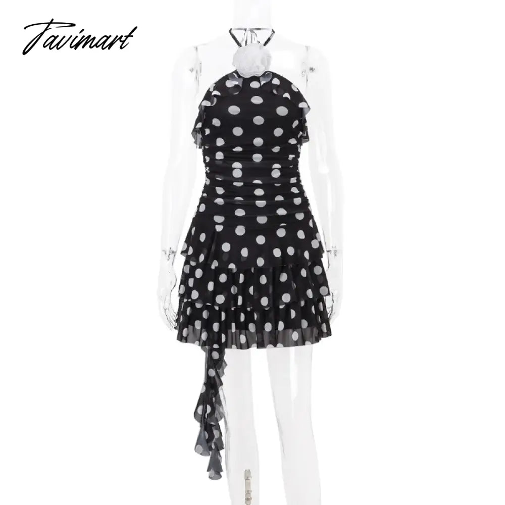 Halter Backless Sexy Party Dresses Women Flowers Embroider Short Polka Dot Dresses Fashion Sleeveless Summer Mini Dresses