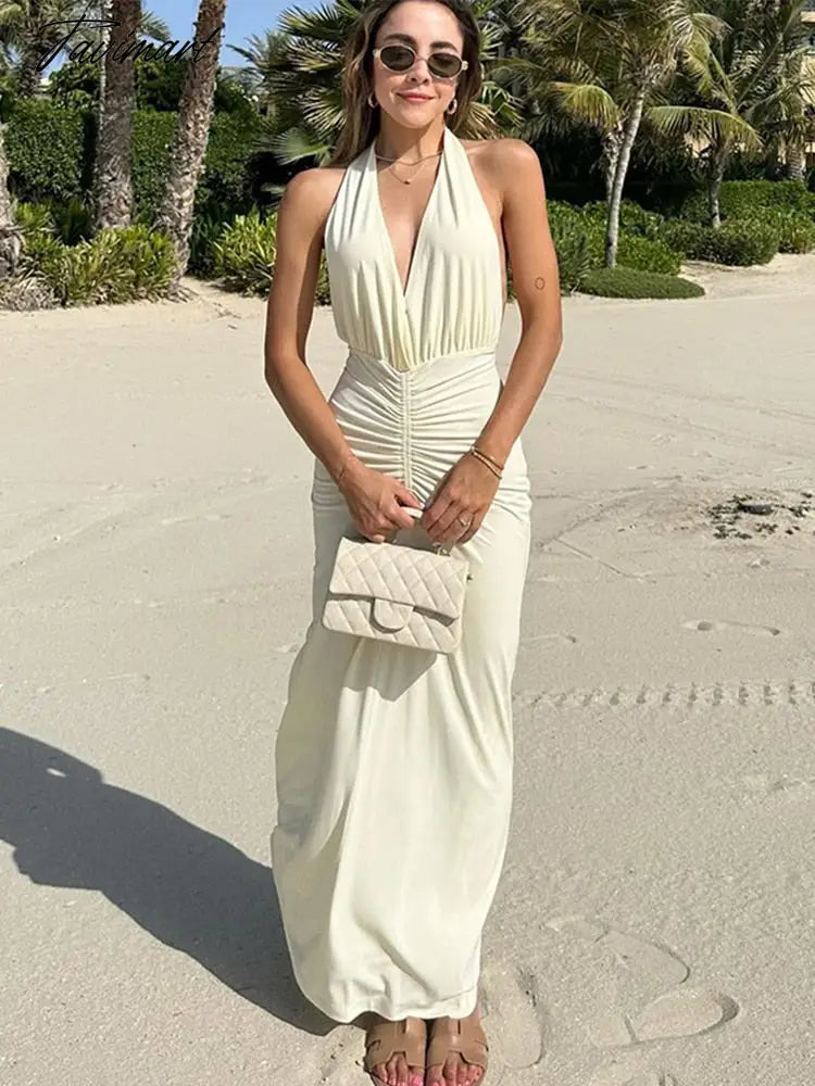 Halter Folds Backless Beach Long Dressses Women Sexy V Neck Summer Holiday Seaside Dresses Fashion Bodycon Vacation Robe