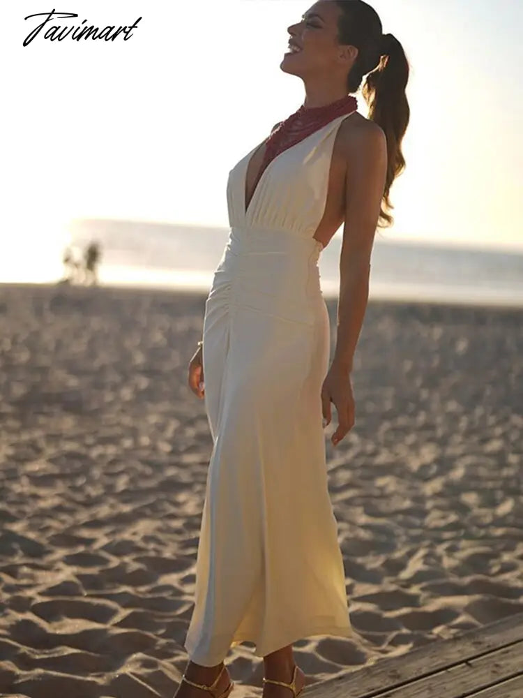 Halter Folds Backless Beach Long Dressses Women Sexy V Neck Summer Holiday Seaside Dresses Fashion Bodycon Vacation Robe