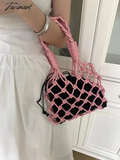 Handmade Weaves Handbags For Women Designer Luxury Retro Hollow Out Crochet Rope Woven Fishnet Bags Beach Mesh Tote Purses Small