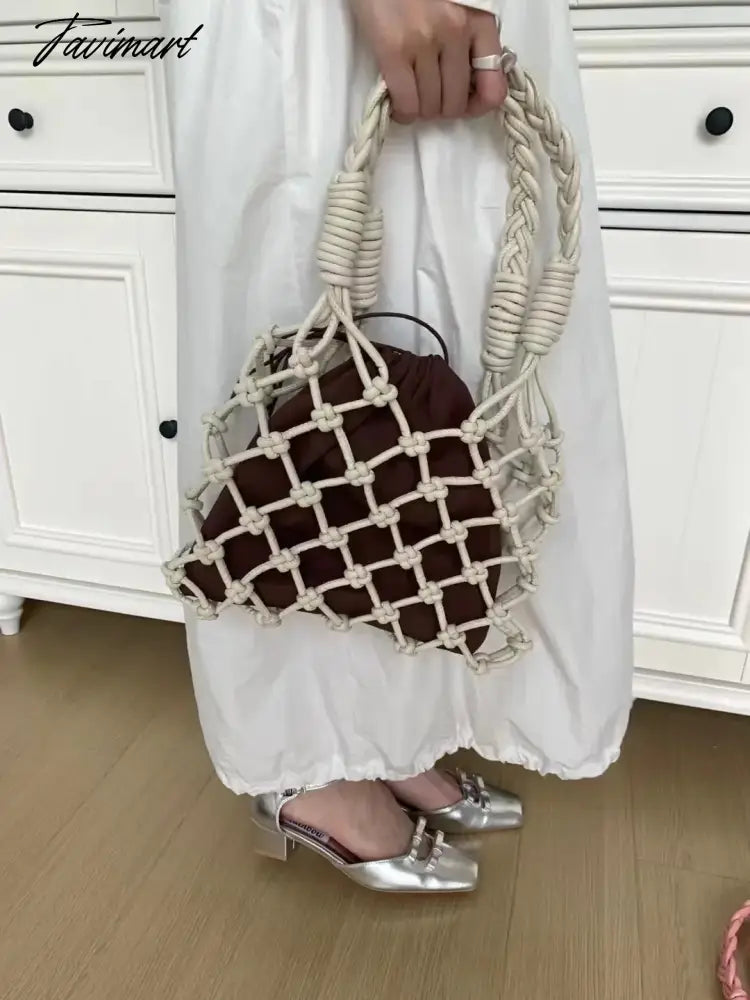 Handmade Weaves Handbags For Women Designer Luxury Retro Hollow Out Crochet Rope Woven Fishnet Bags Beach Mesh Tote Purses Small