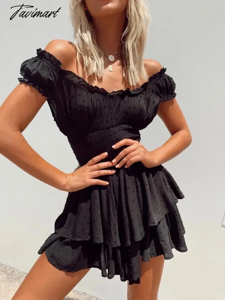 Happie Queens Women Solid Sleeveless Beach Irregular Ruffles Bohemian Mini Dress Ladies Slash Neck Boho Sundress Vestidos