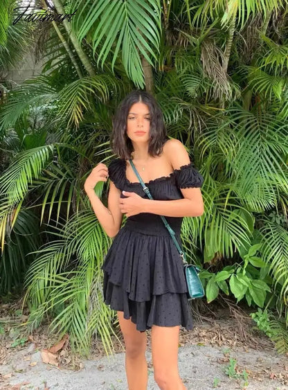 Happie Queens Women Solid Sleeveless Beach Irregular Ruffles Bohemian Mini Dress Ladies Slash Neck Boho Sundress Vestidos