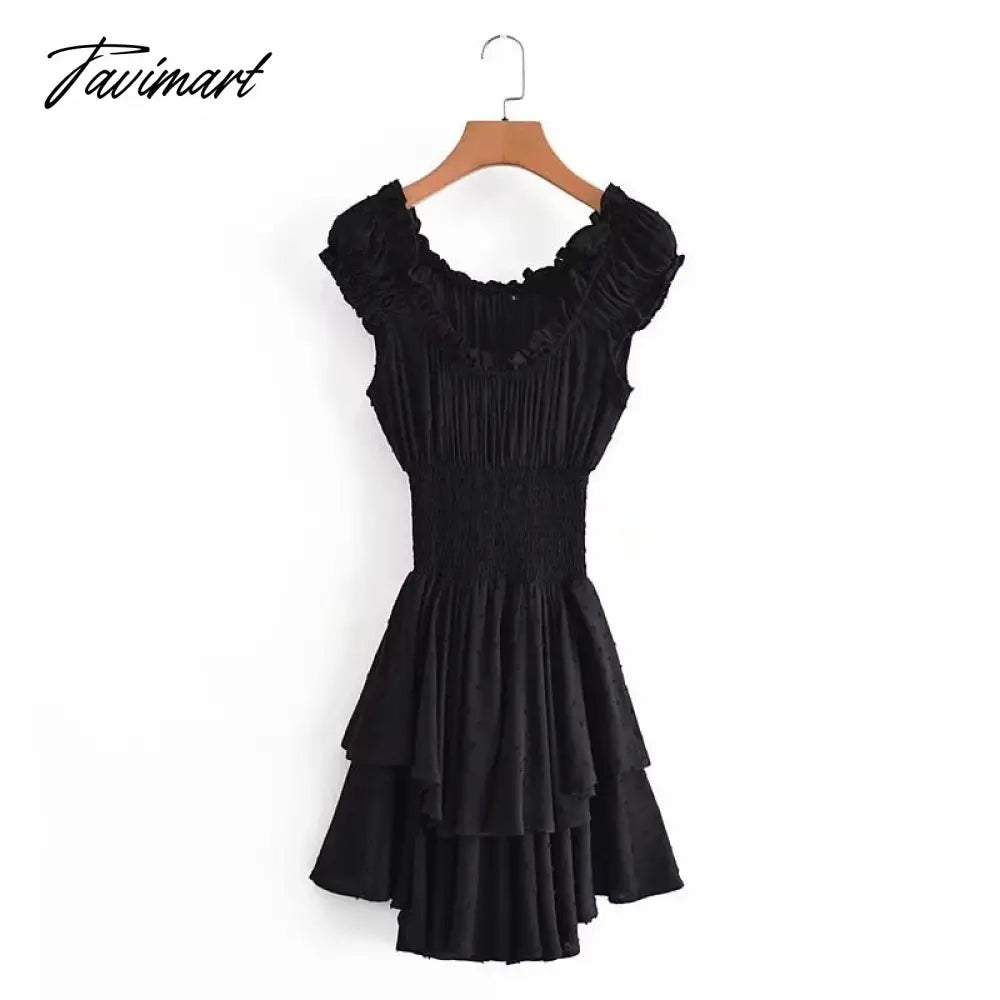 Happie Queens Women Solid Sleeveless Beach Irregular Ruffles Bohemian Mini Dress Ladies Slash Neck Boho Sundress Vestidos