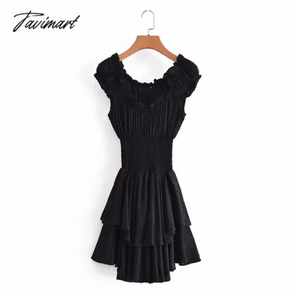 Happie Queens Women Solid Sleeveless Beach Irregular Ruffles Bohemian Mini Dress Ladies Slash Neck Boho Sundress Vestidos