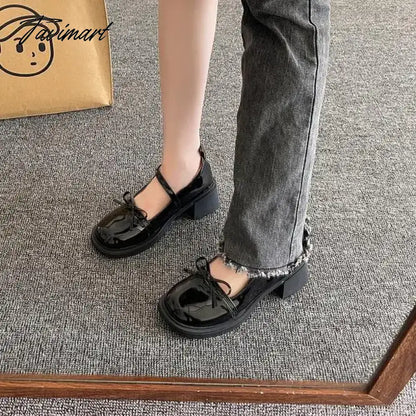 High Heel Leather Shoes Sandals Ladies Shallow Mouth Mary Jane Round Toe Branded Pumps Women's Sneakers on Thick Soles All-
