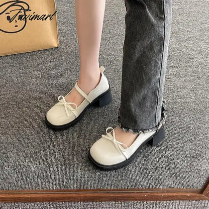 High Heel Leather Shoes Sandals Ladies Shallow Mouth Mary Jane Round Toe Branded Pumps Women's Sneakers on Thick Soles All-