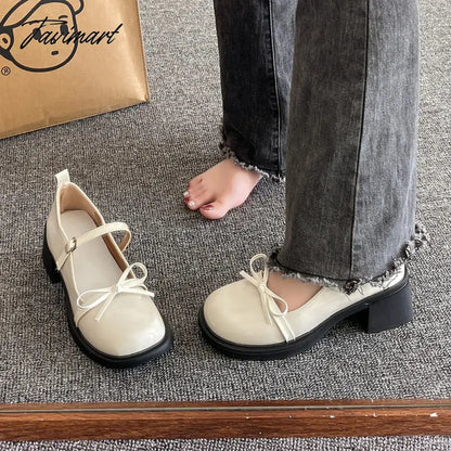 High Heel Leather Shoes Sandals Ladies Shallow Mouth Mary Jane Round Toe Branded Pumps Women's Sneakers on Thick Soles All-