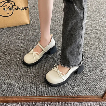 High Heel Leather Shoes Sandals Ladies Shallow Mouth Mary Jane Round Toe Branded Pumps Women's Sneakers on Thick Soles All-