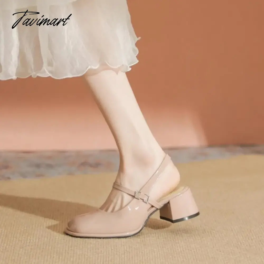 High Heels Mary Jane Sandals Women Summer Lacquer Leather Slingbacks Pumps Vintage Square Toe Thick Heeled Shoes Ladies
