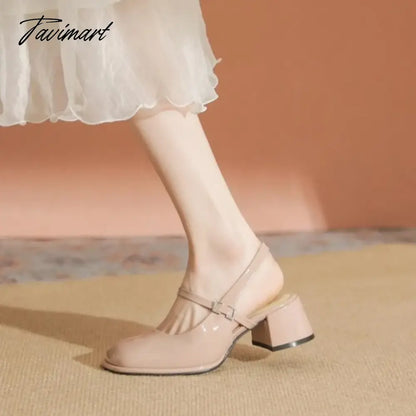 High Heels Mary Jane Sandals Women Summer Lacquer Leather Slingbacks Pumps Vintage Square Toe Thick Heeled Shoes Ladies