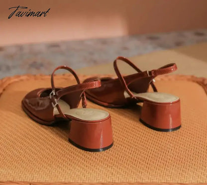High Heels Mary Jane Sandals Women Summer Lacquer Leather Slingbacks Pumps Vintage Square Toe Thick Heeled Shoes Ladies