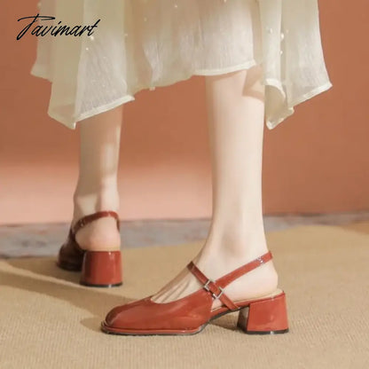 High Heels Mary Jane Sandals Women Summer Lacquer Leather Slingbacks Pumps Vintage Square Toe Thick Heeled Shoes Ladies