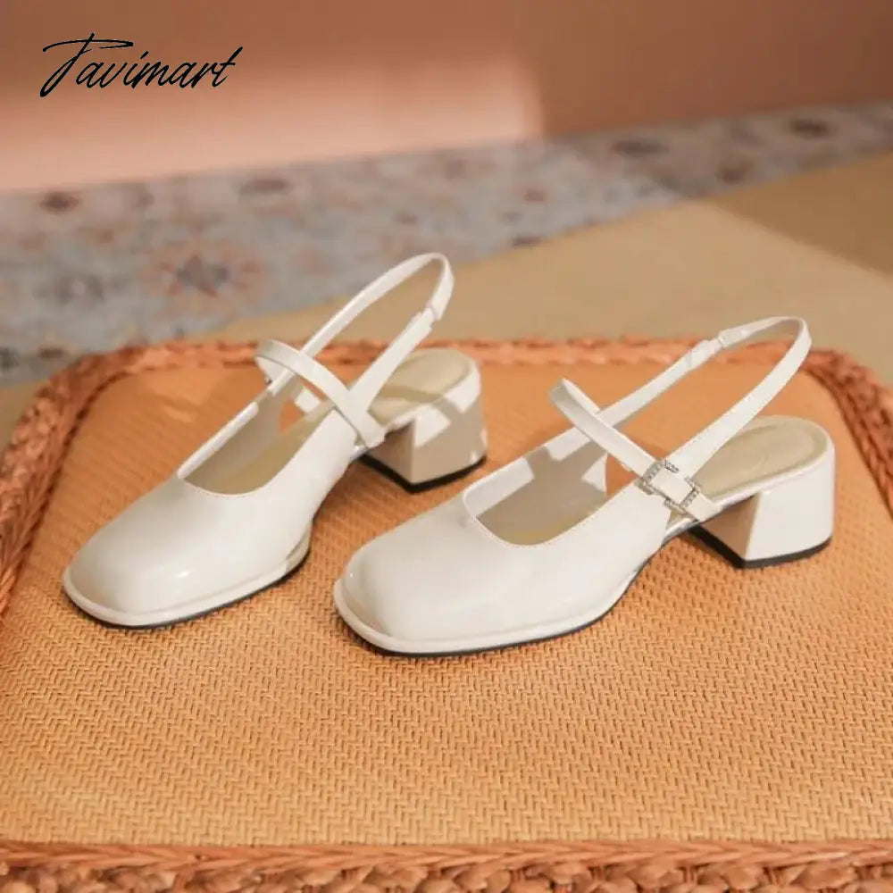 High Heels Mary Jane Sandals Women Summer Lacquer Leather Slingbacks Pumps Vintage Square Toe Thick Heeled Shoes Ladies