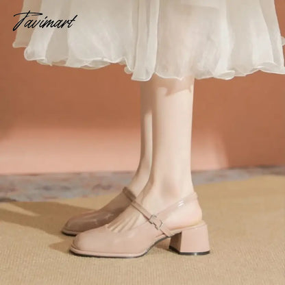 High Heels Mary Jane Sandals Women Summer Lacquer Leather Slingbacks Pumps Vintage Square Toe Thick Heeled Shoes Ladies